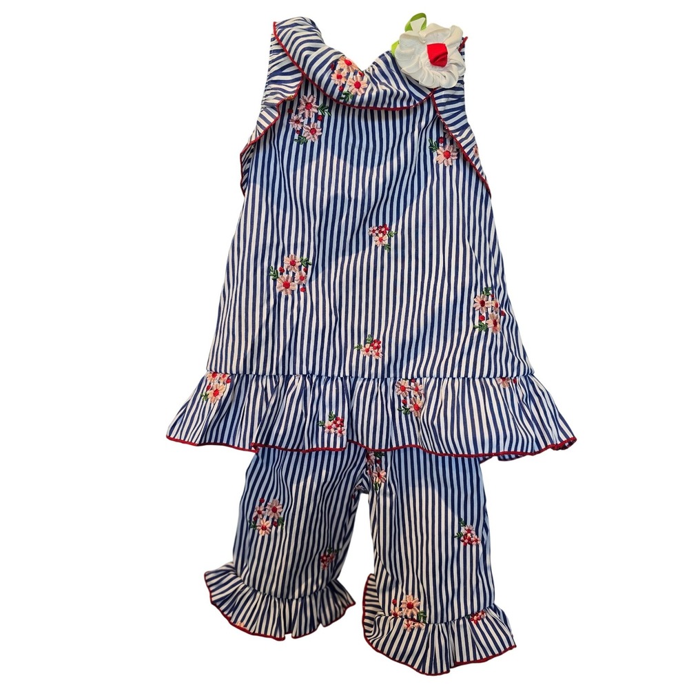Rare Editions Toddler Girls Blue White Striped Floral Embroidered Outfit Set 24M - Picture 2 of 6
